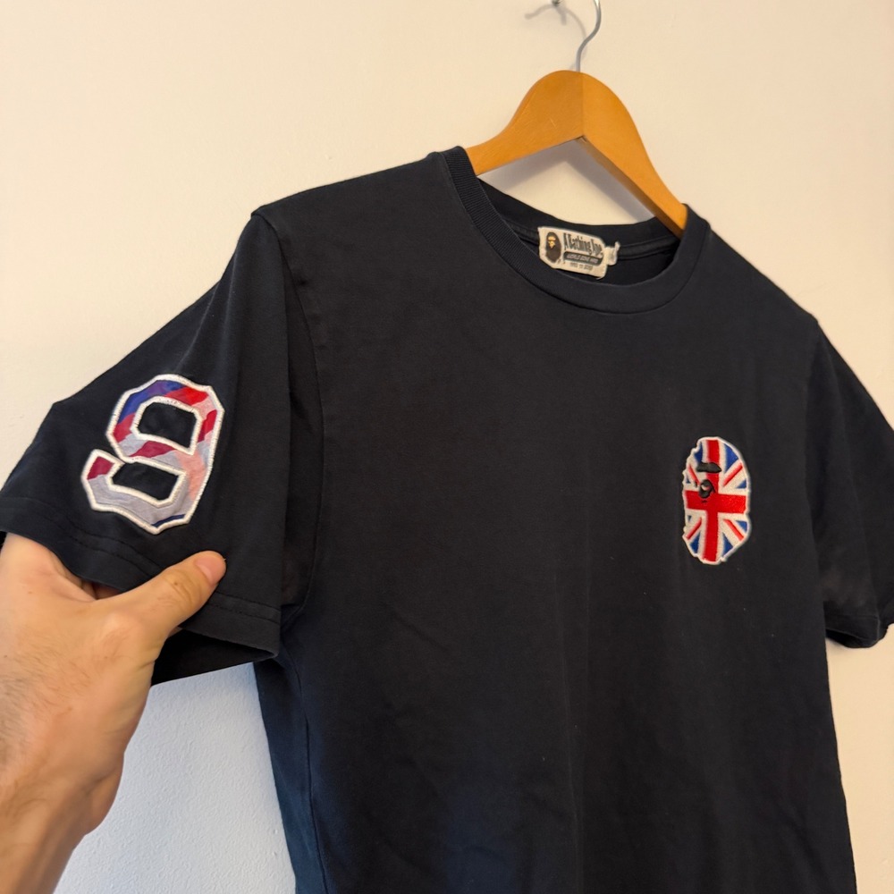 BAPE A Bathing Ape Black Union Jack British Flag Logo T-Shirt Mens Size M - Picture 2 of 7